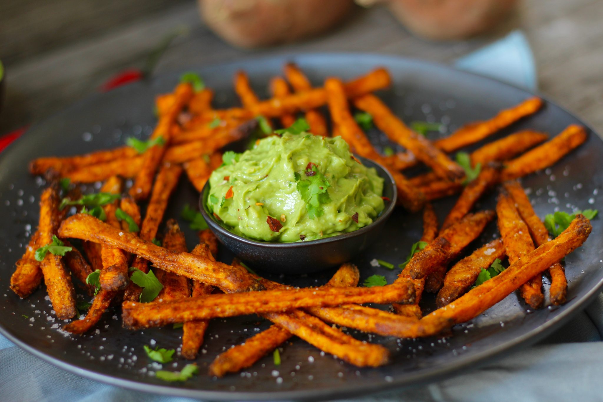 Oven Baked Sweet Potato Fries & Avocado Chili Dip Crispy, healthy